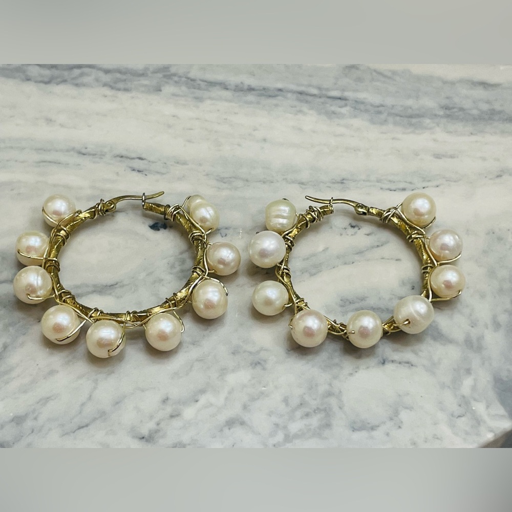 Handmade Pearl Hoop Earrings Gold Tone Artisan Wire Wrapped Statement Jewelry - Picture 12 of 14